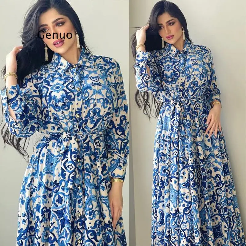 

Tie-Dye Print Maxi Dresses Loose High Waist Robe Floral Abaya Dress Long Sleeve Belt 2022 Elegant Lady Plus Size Party Vestidos