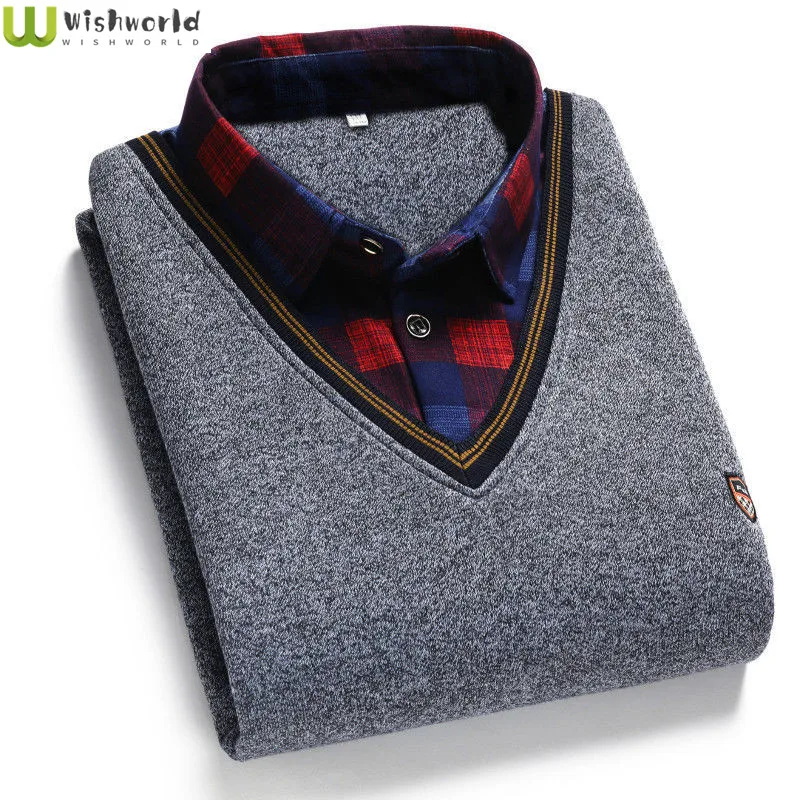 

Fake Two-piece Knitwear Plush Thickened Long Sleeved Shirt Autumn and Winter Sweater for Young and Middle-aged Men