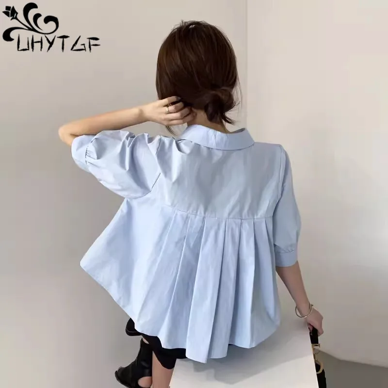 Блузка женская плиссированная Свободная белая с отворотом на спине