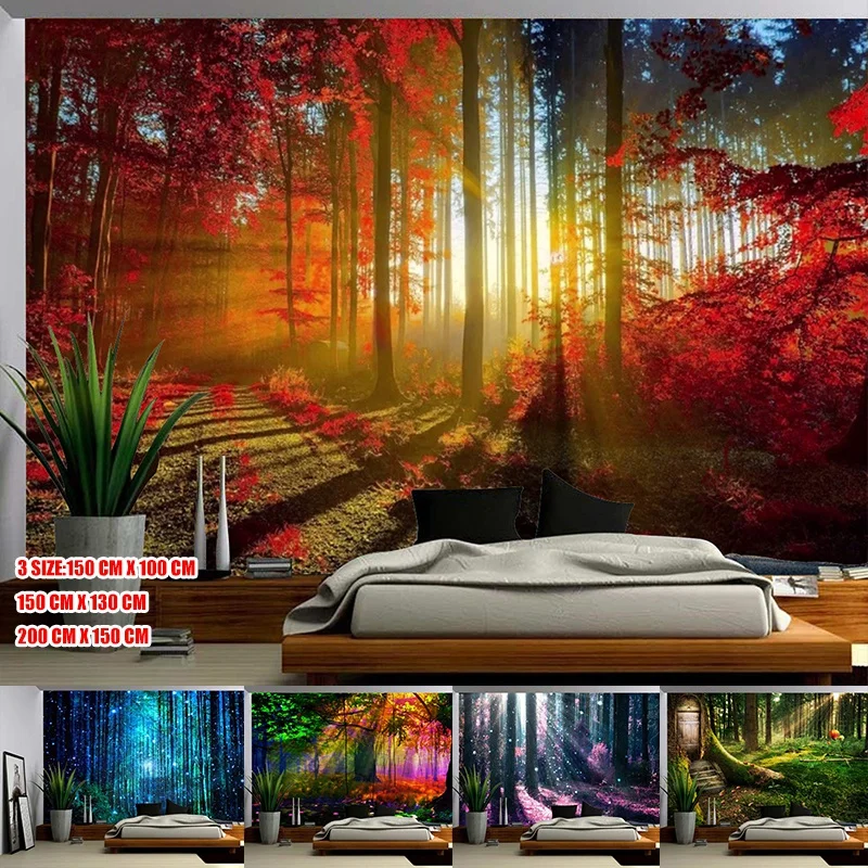 

Настенный подвесной гобелен с изображением туманных деревьев, солнечного леса, природный Ландшафтный подвесной гобелен для потолка, комна...