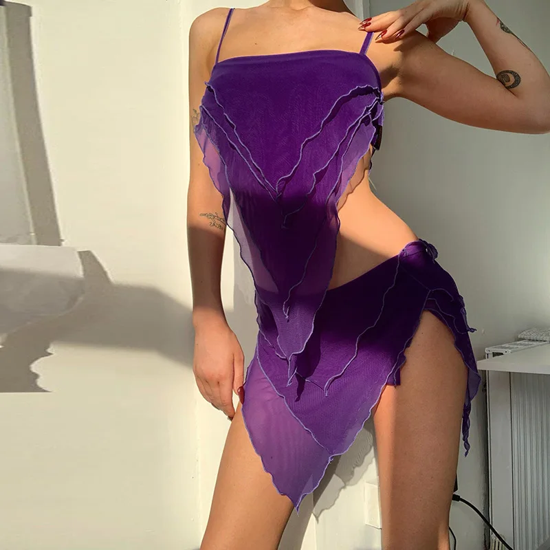 

ZELI Y2K Sexy Mesh Dress Sets Women Strap Top and Bodycon Mini Skirt 2 Piece Set Outfits Holiday Beach Co-Ord Sets 2022 Summer