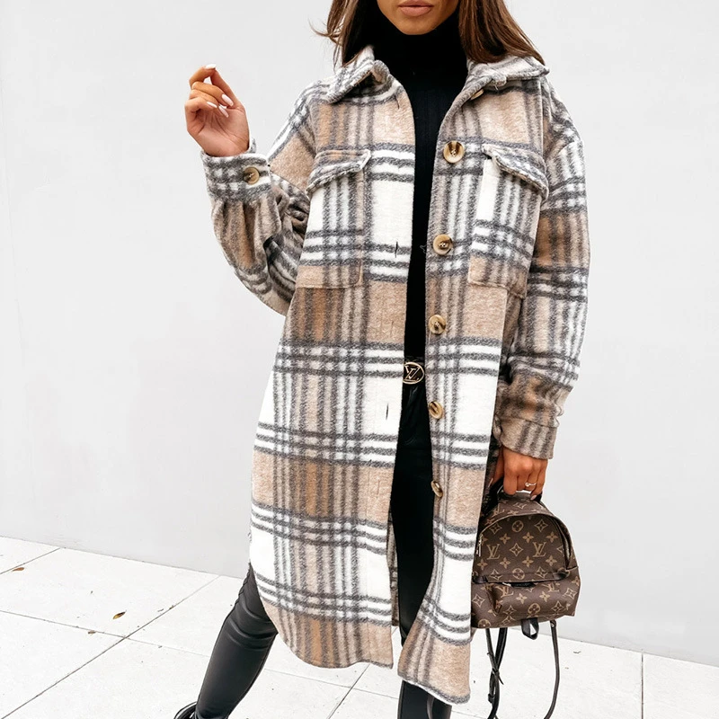 

Women's Plaid Printed Woolen Coat Casual Single-breasted Lapel Autumn and Winter Clothing 2021 Long-sleeved Loose Woolen Coat