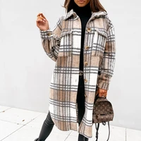 womens plaid printed woolen coat casual single breasted lapel autumn and winter clothing 2021 long sleeved loose woolen coat