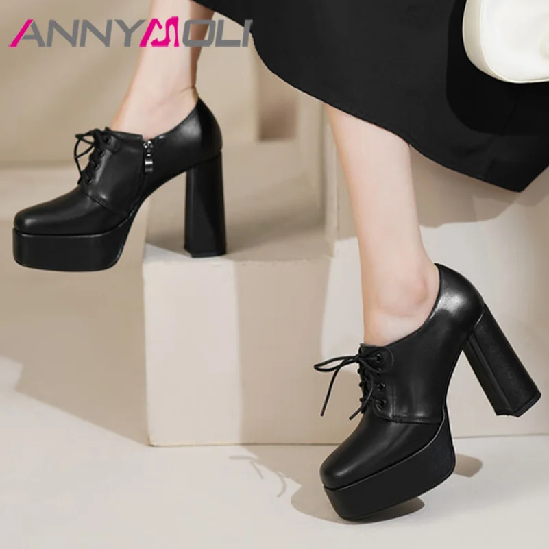 

ANNYMOLI Women Genuine Leather Pumps Platform Thick High Heels Square Toe Gladiator Rome Lace Up Party Spring Autumn Shoes Black