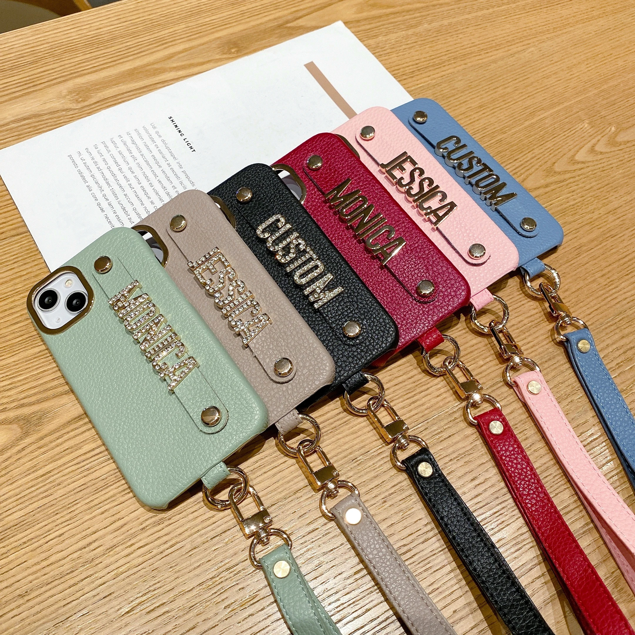 Personalise Name Strap PU Lychee Leather Phone Case For iPhone 11 12 13 14 Pro Max Plus Lanyard Diamond Metal Letter Cover