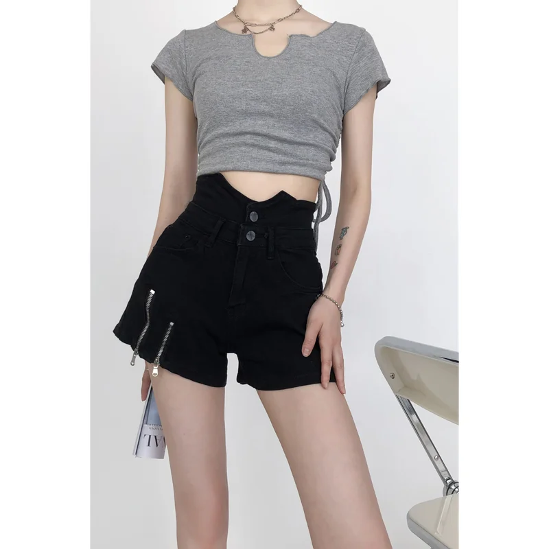 

Zipper Design Women's High Waist Large Size Black Denim Shorts Summer New Thin Temperament A-word Mini Shorts Female Hot Pants