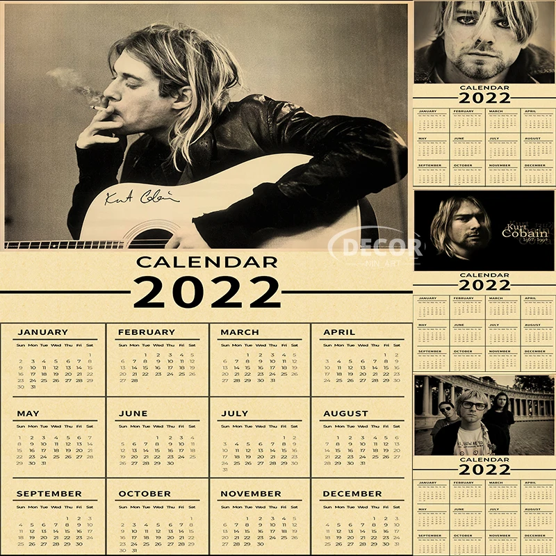

Retro Kraft Paper 2022 Calendar Singer Kurt Cobain Posters Rock and Roll Music Vintage Room Bar Cafe Decor Art Wall Paintings
