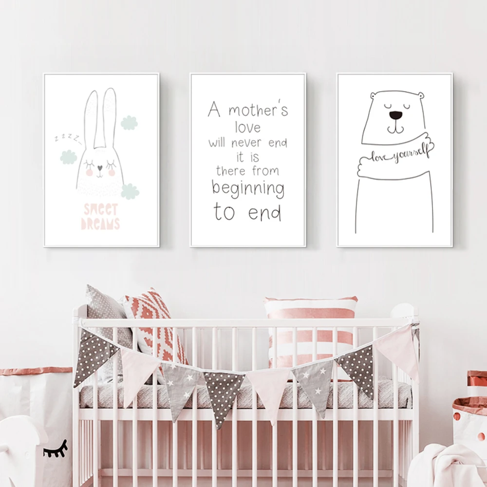 

Cute Cartoon Minimalist Rabbit Bear Child Line Wall Canvas Posters Painting Prints For Living Kids Room Home Decoration Decor