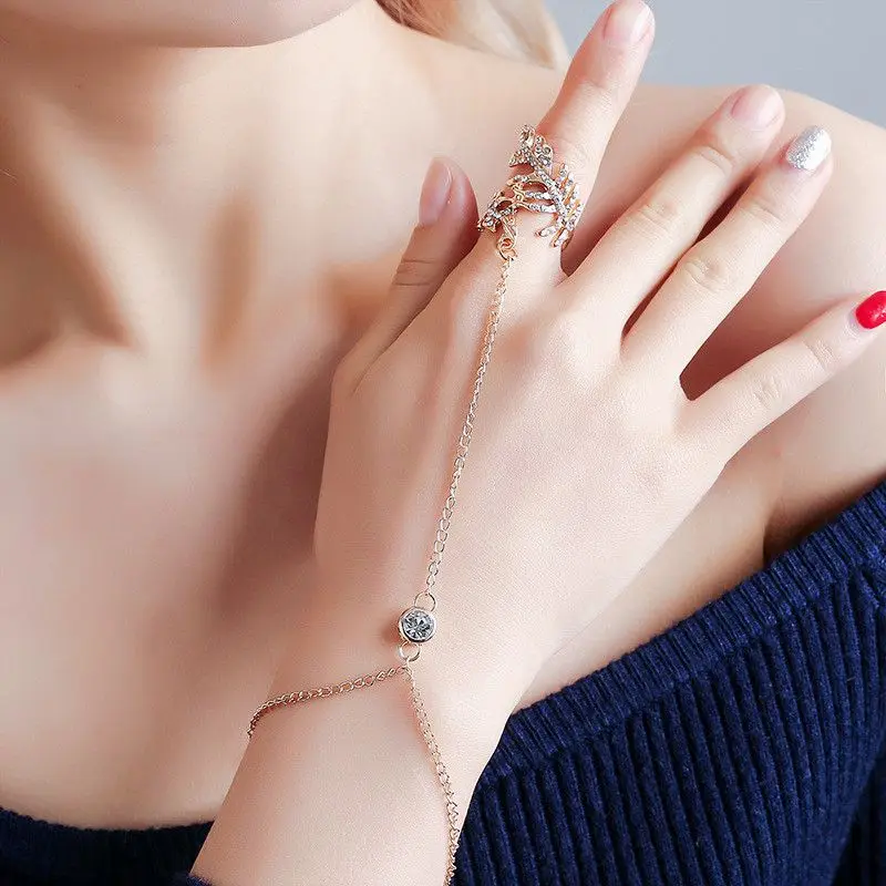 

Ring Harness Hand Chain Jewellery Leaf Bracelet Bangle Women Crystal Finger