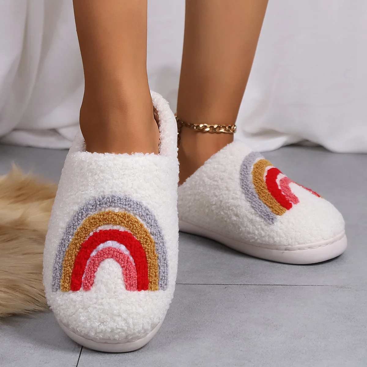 

Women's Rainbow Slippers Fluffy Cushion Slides Cute Womens Comfortable Houseshoes Good Vibes Winter Shoes