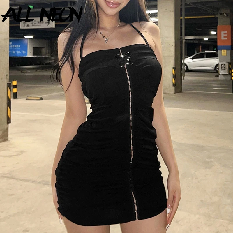 

ALLNeon Black Sexy Halter Ruched Mini Dress Y2K Chic Women Single Breasted Sling Bodycon Dresses Gothic Grunge Party Outfit Slim