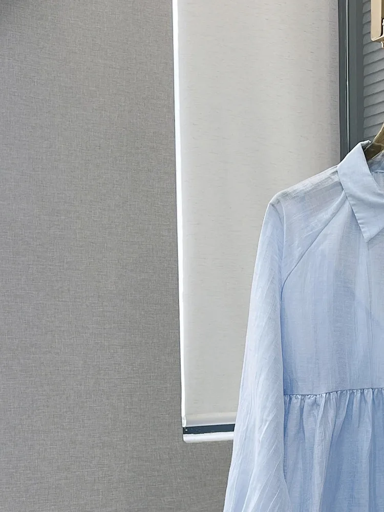 

Women's Light Blue Two Piece Set Dress Turn-Down Collar Linen Long Sleeve Single Breasted Lace-Up Lady Mini Robe 2022 Fall New