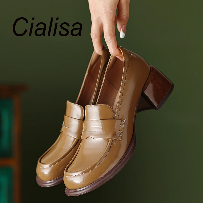 

Женские туфли-лодочки ручной работы Cialisa, черные повседневные туфли из натуральной кожи на среднем каблуке, с круглым носком, большие размеры до 42, весна 2023