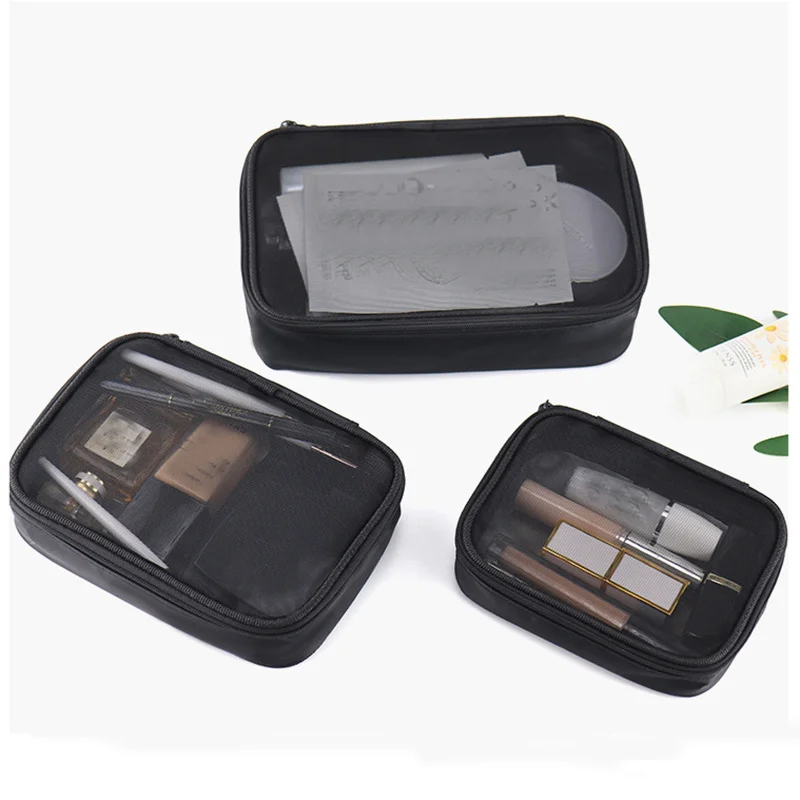 

Black Mesh Women's Cosmetic Bag Travel Neceser Toiletry Kit Transparent Makeup Organizer Washing Pouch Small Large Make Up Bag