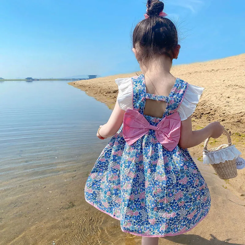 

Girls Blue Floral Dress 2023 Summer New Baby Thin Dress Girl Child Backless Princess Dress