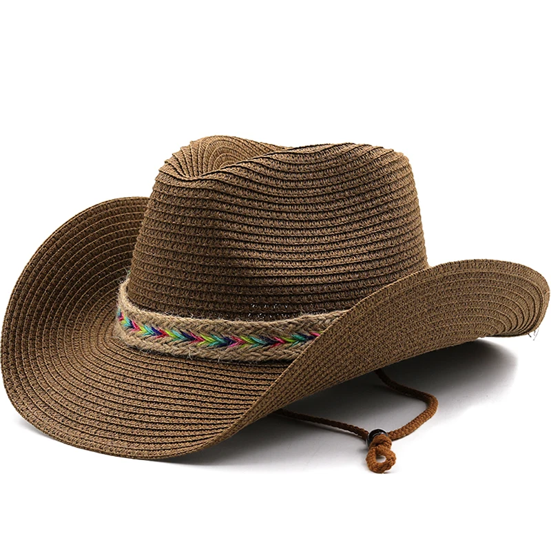 

Simple Natural Paper Western Cowboy Hat Wide Brim Women Men Summer Beach Straw Hats Panama Cowgirl Jazz Sun Caps