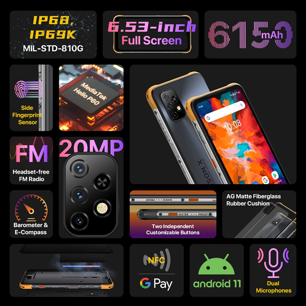 UMIDIGI BISON X10 IP68 Rugged Android Smartphone NFC 4GB 64GB Helio P60 Octa Core 6.53