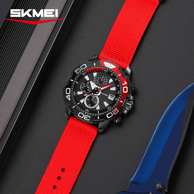 Фото SKMEI 9381 Новые мужские спортивные многофункциональные часы с датой и секундомером, мужские уличные кварцевые наручные часы с нейлоновым ремешком, секундомер с датой и временем №5