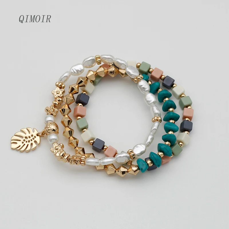 

Three Bracelets Set For Women Bohemia New Styles Turquoise Cream Pearl Gold Leaves Charms Multi Color Trendy Class Jewelry