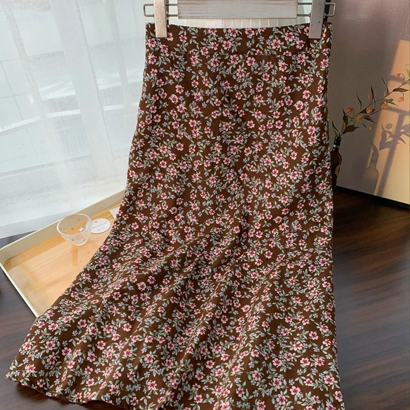 Fashion Korean Skirt for Women's Vintage Print Medium Long Floral 2023 Summer New High Waist Loose Hip A-line Knee Length Skirt