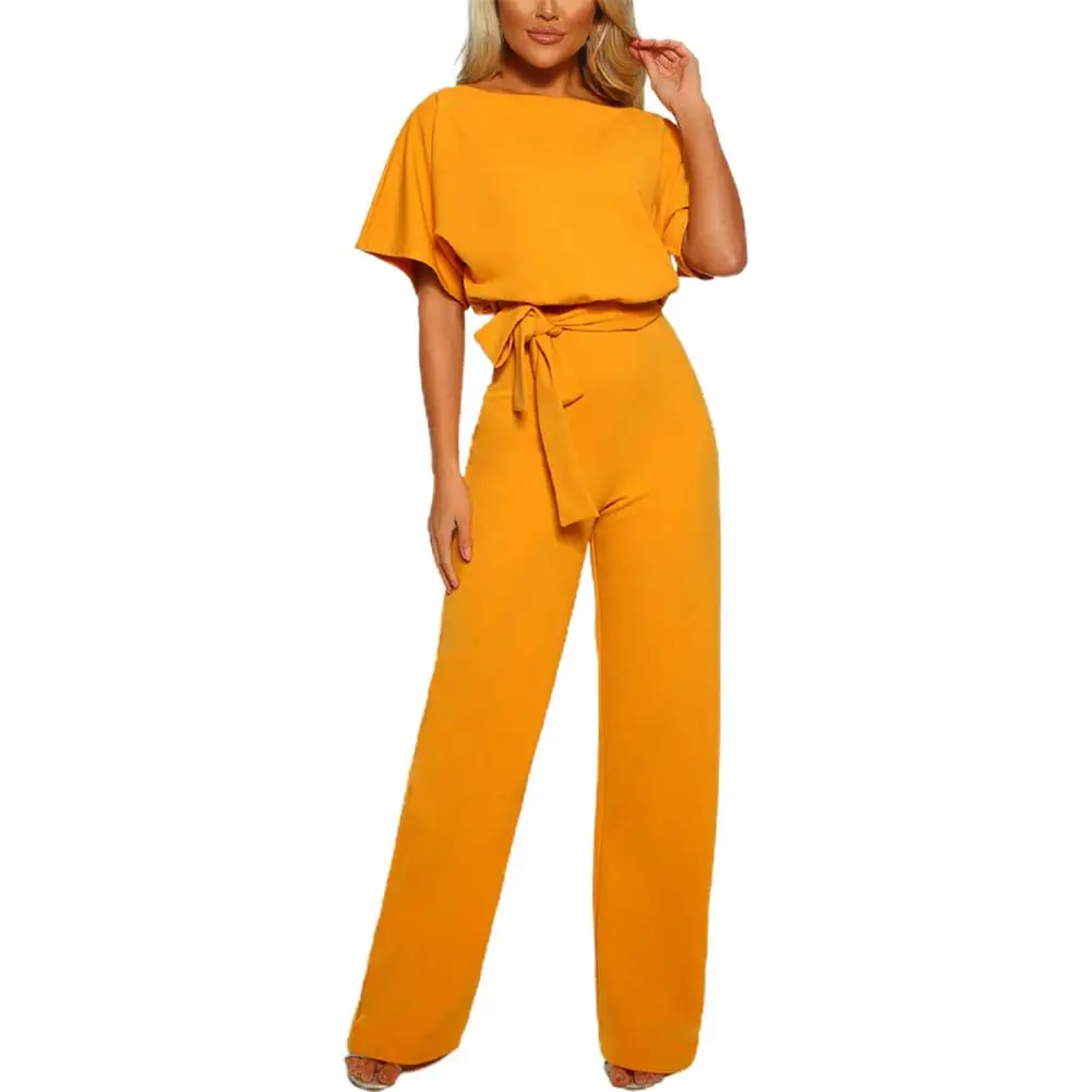 

Jumpsuit Lace Up High Waist Elegant Women Solid Color Straight Leg Romper for Work