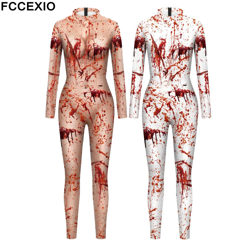 FCCEXIO Bloody Bloodstains 3D Print Women Sexy Jumpsuit Halloween Horror Carnival Cosplay Costumes Fancy Bodysuit Party Rompers