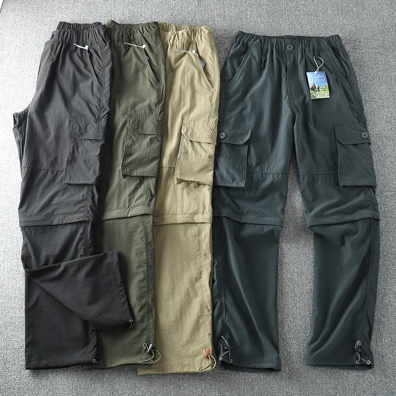 

2023 New Men's Cargo Pants Summer Quick-dry Double-used Pants Elastic Waist Detachable Feet Loose Straight Waterproof Trousers