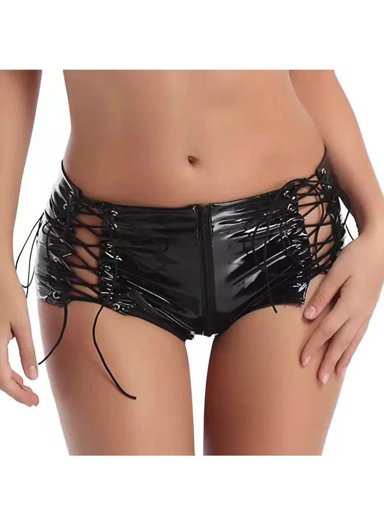 

Low Waist PVC Short Pantalones Cortos Lace Up Bandage Zipper Open Crotch Booty Shorts Tights Hot Sexy Pole Dance Clubwear Trunks