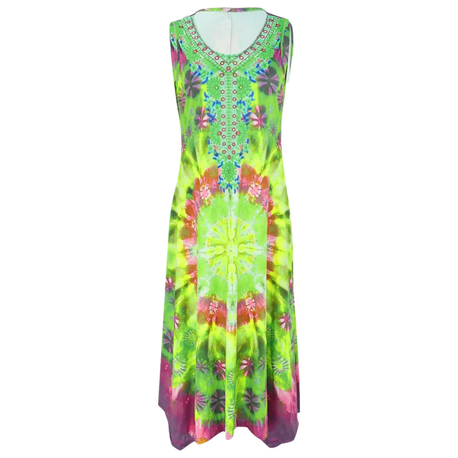 

Шифоновое коктейльное платье, женское пляжное длинное платье в стиле бохо, свободное платье макси без рукавов с рисунком в национальном стиле с V-образным вырезом