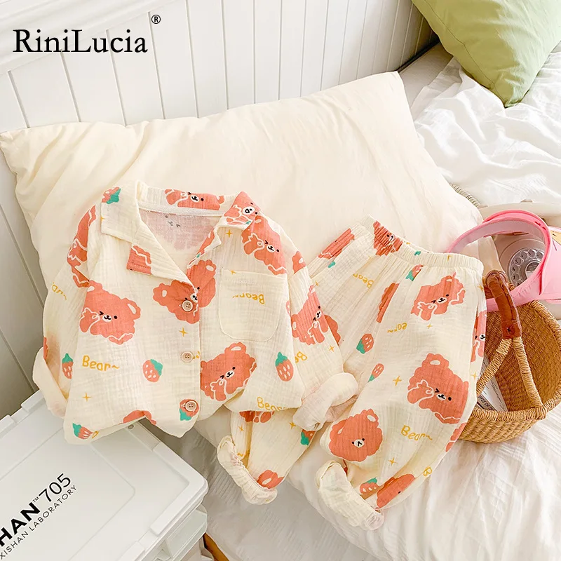 

RiniLucia Children's Sleepwear Pajama Suits Spring Long Sleeves Cotton Nightwear Baby Girls Clothes Cartoon Pajama Suits