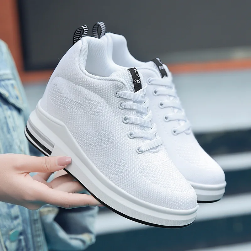 

8.5cm Platform Shoes Womens Mesh Sport Shoes Solid Color Thick Bottom Daddy Shoe Fashion Spring Summer Light Lace Up Pump Shoes