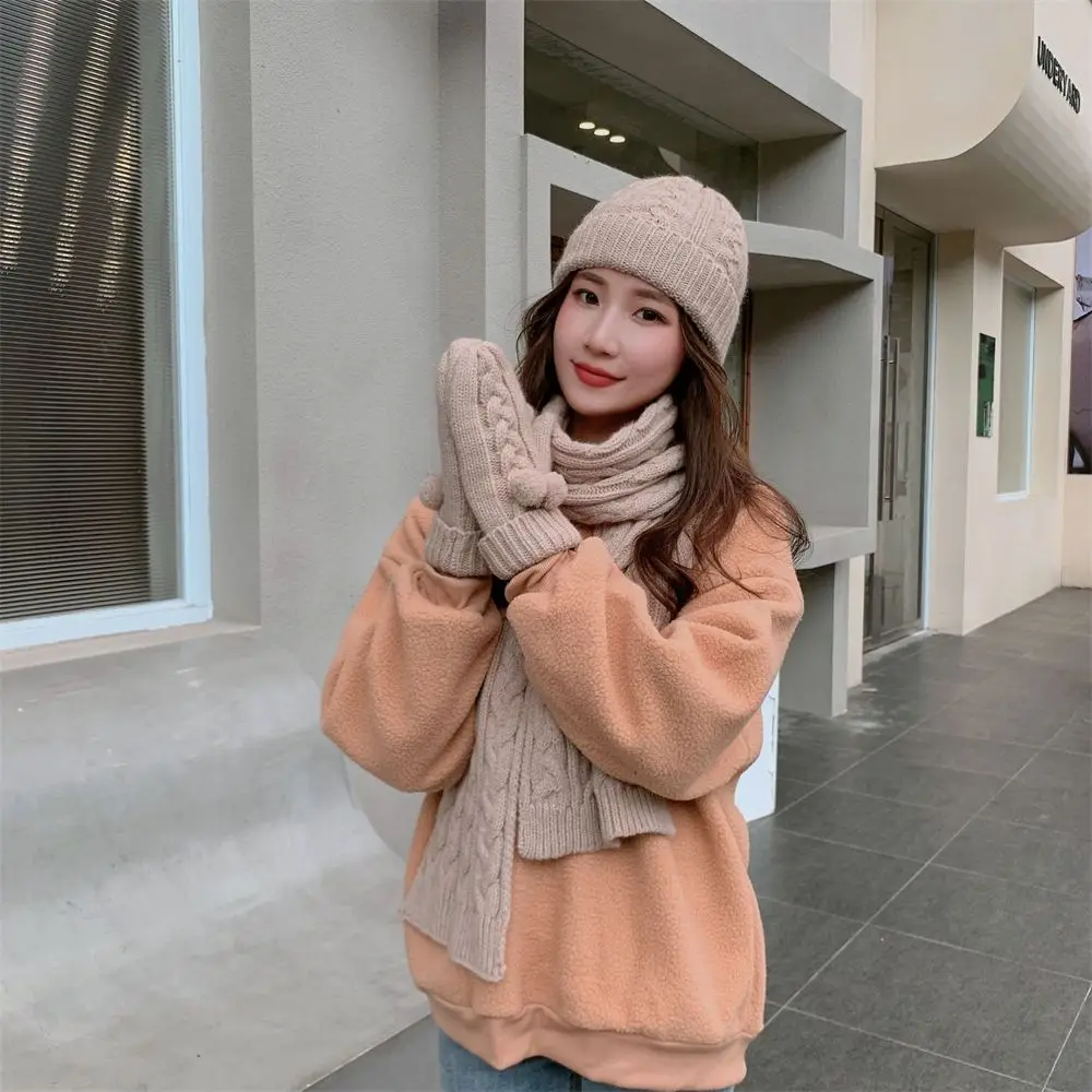 

Fashion Knitted Beanie Cap Beanie Hat Winter Ladies Hat Hat Scarf Gloves Set Warm Thicken Gloves