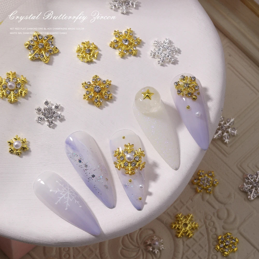 

10pcs Alloy Silver Gold Snowflake Nail Charms Glitter Christmas DIY Nail Parts Pearl Rhinestone Nail Art Accessories Decoration