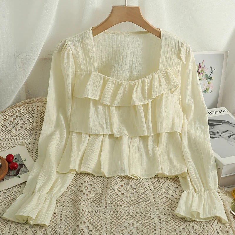 

Шикарные Модные Винтажные Лоскутные рубашки Hikigawa с оборками и длинным рукавом, повседневные осенние Рубашки с квадратным воротником, Свобо...