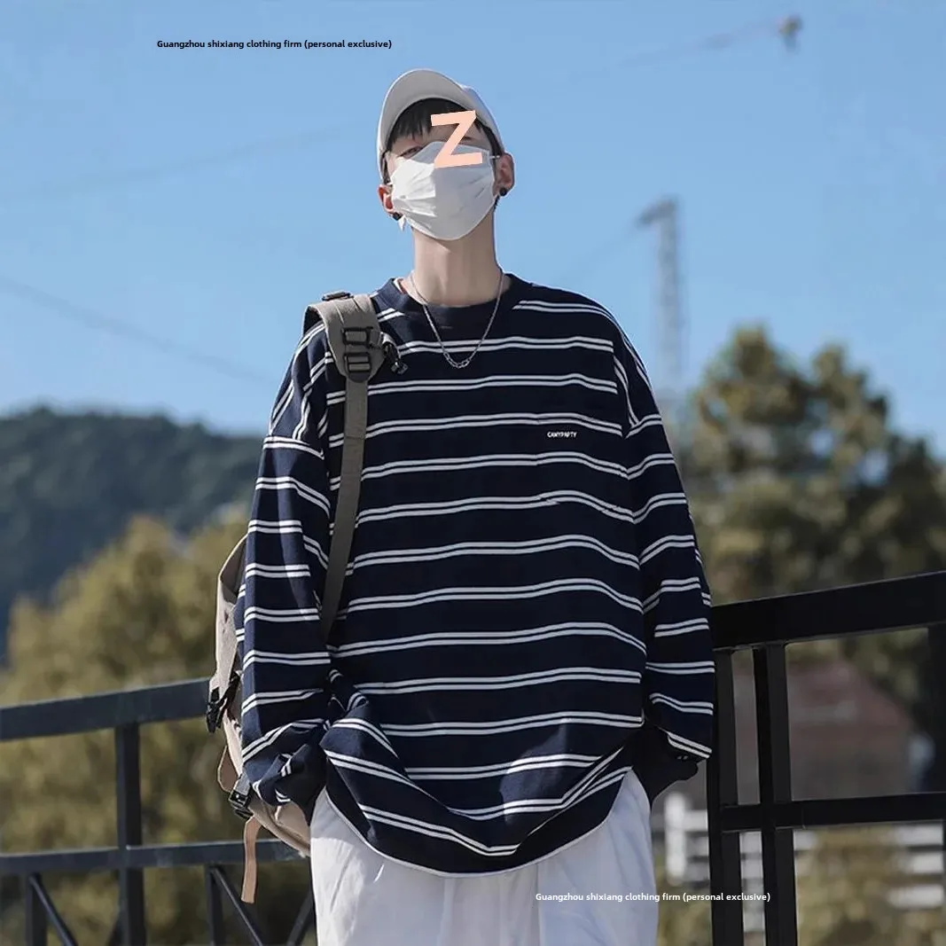 Модная полосатая футболка с длинными рукавами в гонконгском стиле уличная
