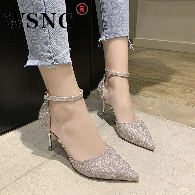 

Summer Silver Shiny Ladies High Heels Fashion Sexy Pointy Toe Ankle Strap Stiletto Shoes Ladies Party Banquet High Heel Sandals