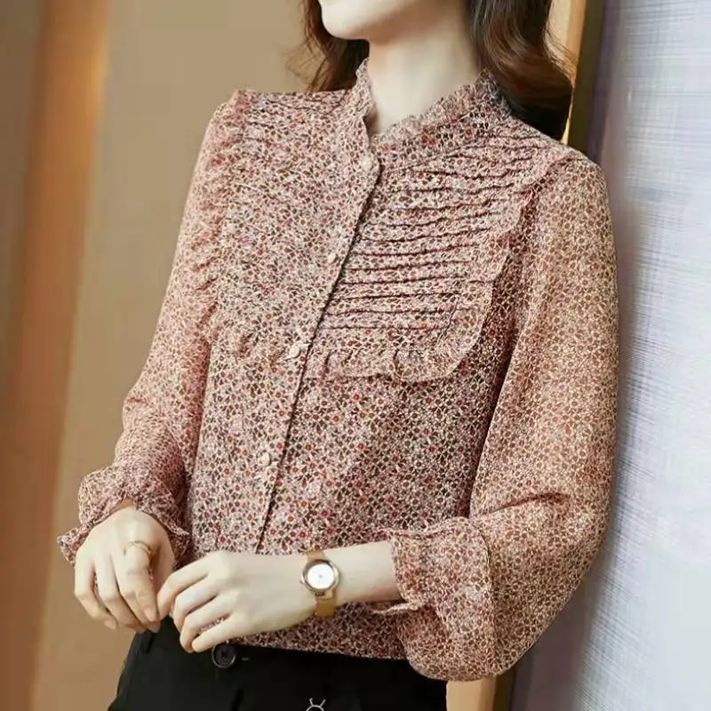 

Women's Spring and Autumn Floral Chiffon Shirt Temperament Slim Slim Fashion Shirt Design Sensation Niche Shirt DD2202