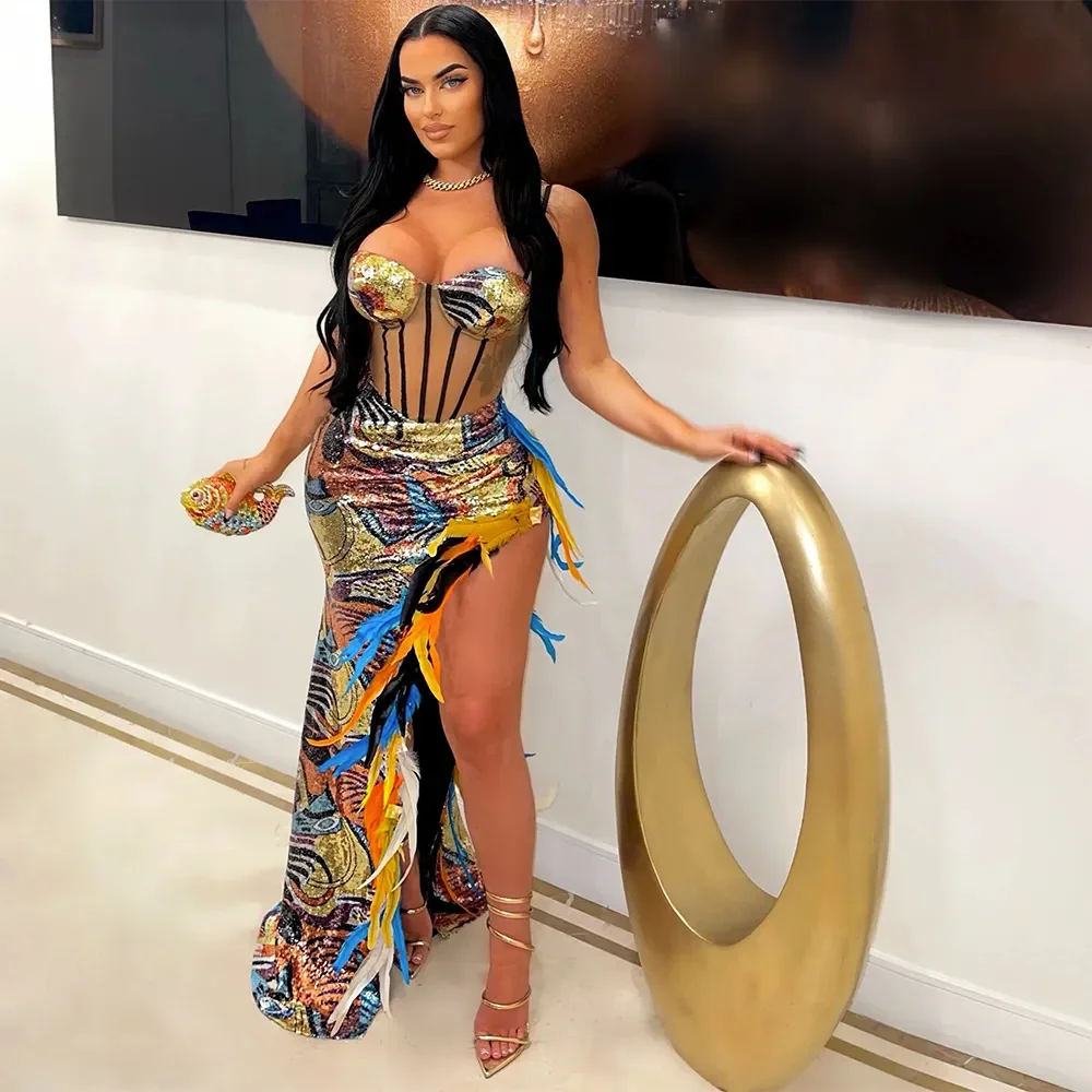 

Sequin Feather Slit Dress Sexy Club Party Bodycon Fashion Evening Dresses 2023 Women Winter Fall Clothes Elegant Luxury Dresses
