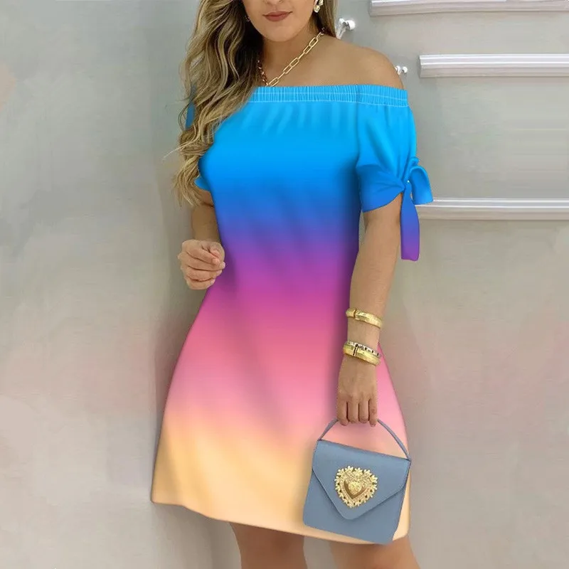 

2021 New Trendy Women A Line Shap Mini Dresses Ombre Colorblock Off Shoulder Tie Detail Casual Dress