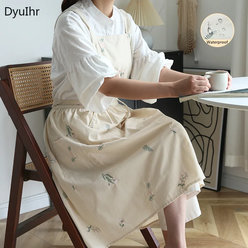 

DyuIhr Simple Embroidered Cotton Home Kitchen Sleeveless Apron Adjustable Strap Type Cotton Linen Waterproof and Oilproof Apron