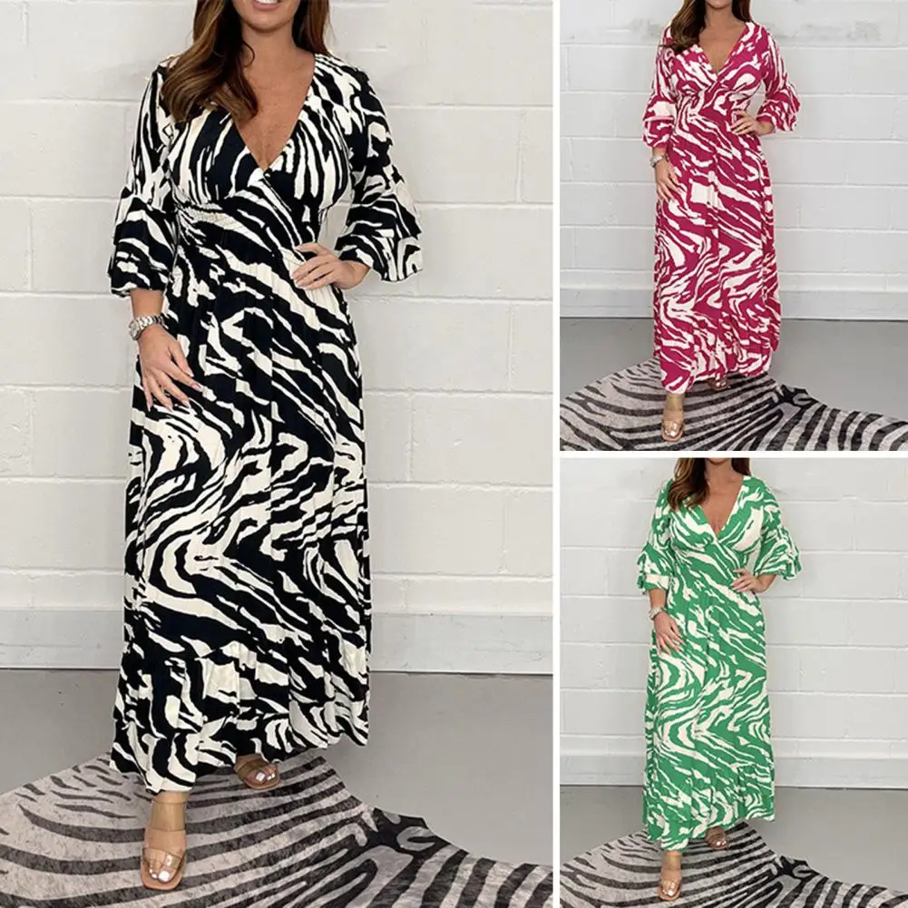 

Summer Women Deep V-neck 3/4Flared Sleeve Maxi Dress Ruffle Cuff High Elastic Waist Print Loose Hem Long Dress Bohemian Sundress