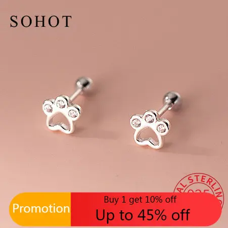 

New Real 925 Sterling Silver Zircon Cat Claw Piercing Screw Thread Bead Stud Earrings For Women Cute Minimalist Fine Jewelry