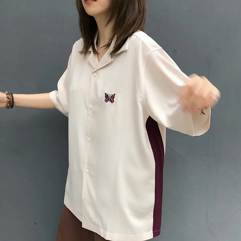Summer Needles Embroidery Butterfly Shirts Men Women 1:1 High Quality AWGE Short Sleeve Shirt Top Single Breasted Tees