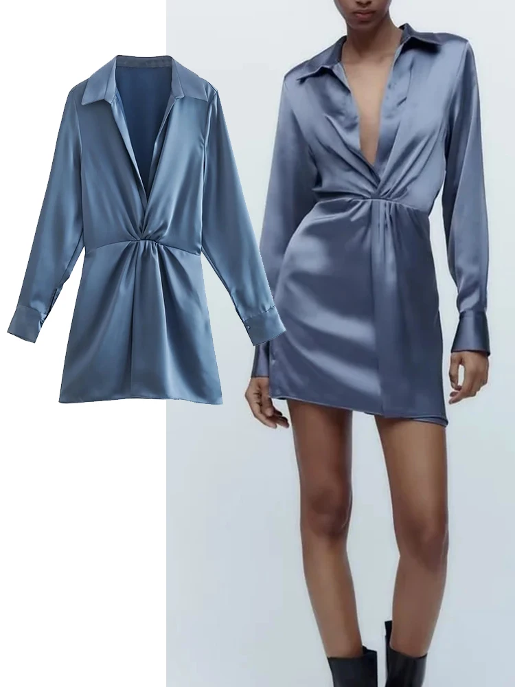 

TRAF 2022 Women Autumn Fashion Elegant Dresses For Ladies Vintage Party Dress Long Sleeve Turn Down Collar Folds Vestidos