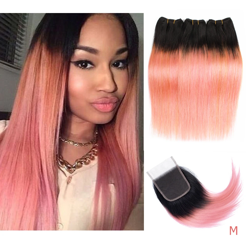 Straight Bundles With 4x4 Lace Closure Ombre Hot Pink Rose Golden Luxury Pre-Colored Remy Human Hair Extensions Mogul Hair