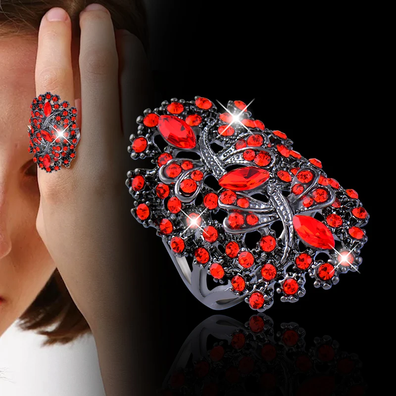 

LEEKER Women Vintage Hollow Dragonfly Rings With Shiny Red Cubic Zirconia Female Sexy Ring Black Color Animal Jewelry LK1