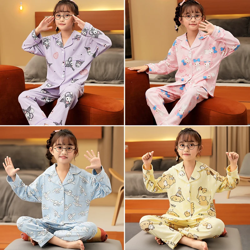 

Sanrio Cute Cartoon Girls' Pajamas Kuromi Melody Pure Cotton Long-Sleeved High-Value Two-Piece Big Children's Home Clothes