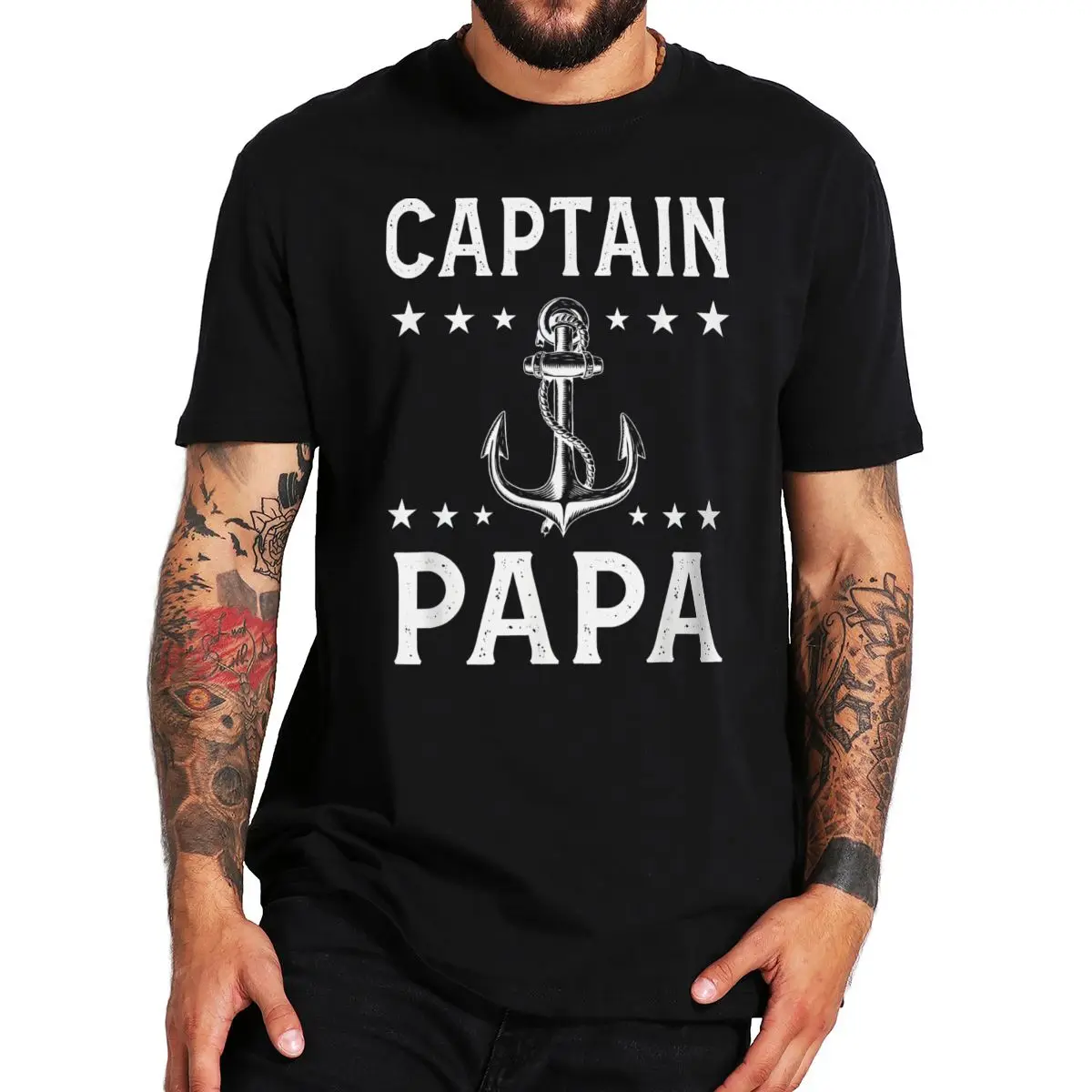 

Captain Pappa Pontoon Boat T-Shirt Fishing Sailor Cool Anchor Star Design Tee Tops 100% Cotton Camiseta Father's Day Gift