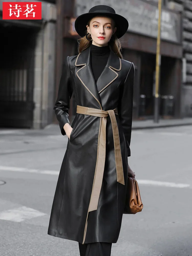 

2023 Autumn/Winter New Haining Genuine Leather Coat Women's Long Lace up Slim Fit Sheepskin Windbreaker Coat D188