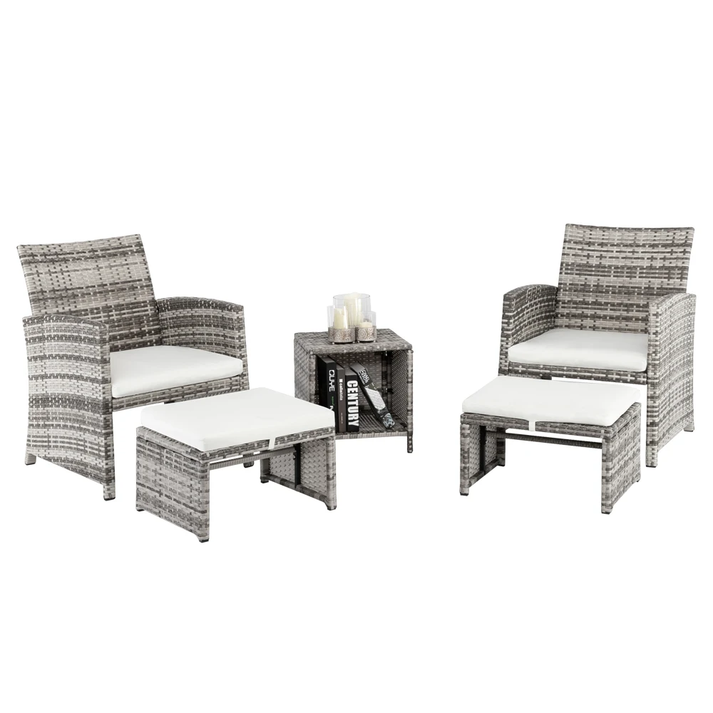 5Pcs Outdoor Garden Patio Furniture Set Outdoor Wicker Conversation Set Rattan Chair Set With Footstool Coffee Table Grey